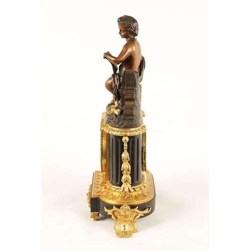 646 - A MID 19TH CENTURY FRENCH BRONZE AND ORMOLU FIGURAL MANTEL CLOCK the case surmounted by a patinated ... 