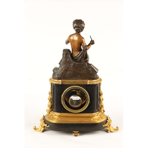 646 - A MID 19TH CENTURY FRENCH BRONZE AND ORMOLU FIGURAL MANTEL CLOCK the case surmounted by a patinated ... 