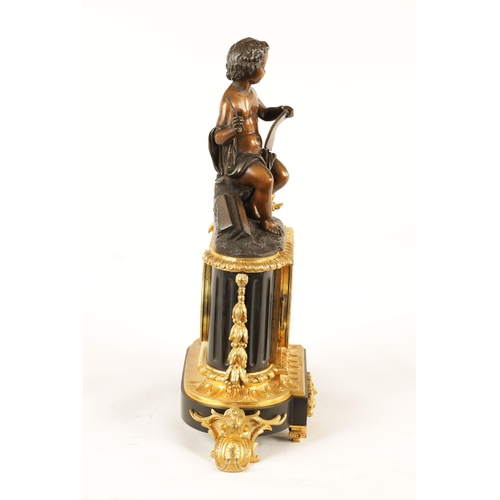 646 - A MID 19TH CENTURY FRENCH BRONZE AND ORMOLU FIGURAL MANTEL CLOCK the case surmounted by a patinated ... 