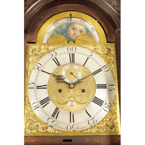 648 - HADWEN, LIVERPOOL. A GEORGE III FIGURED MAHOGANY 8 DAY MOON DIAL LONGCASE CLOCK No. 315 the 13