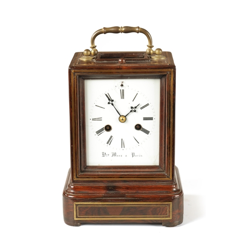 649 - HENRI MARC, PARIS. A REGENCY FRENCH BRASS INLAID ROSEWOOD MANTEL CLOCK the enamel dial with Roman nu... 