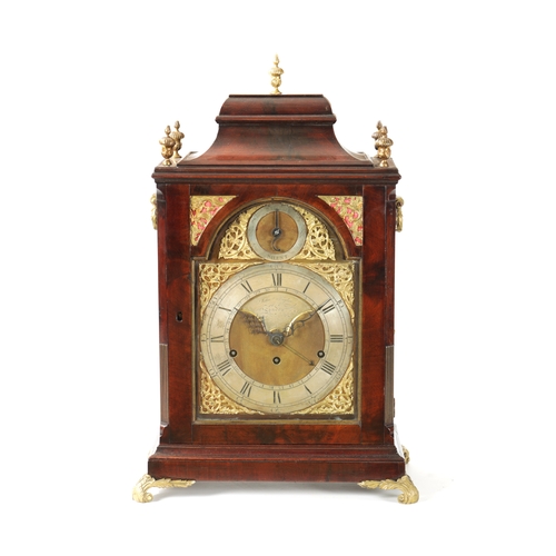 659 - JOHN TAYLOR, LONDON. A GEORGE III FIGURED MAHOGANY QUARTER CHIMING BRACKET CLOCK with bell top pedim... 