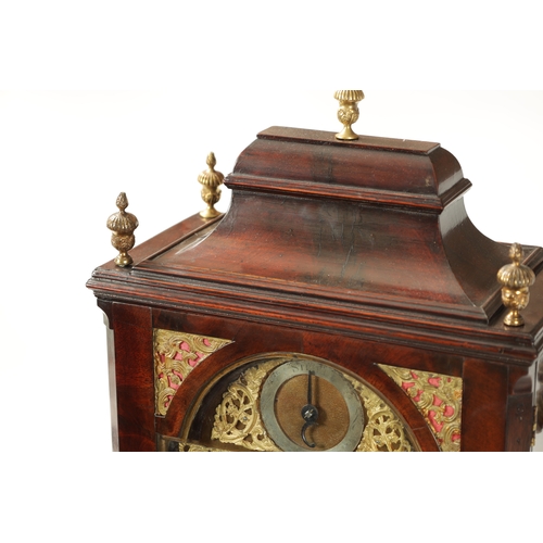 659 - JOHN TAYLOR, LONDON. A GEORGE III FIGURED MAHOGANY QUARTER CHIMING BRACKET CLOCK with bell top pedim... 