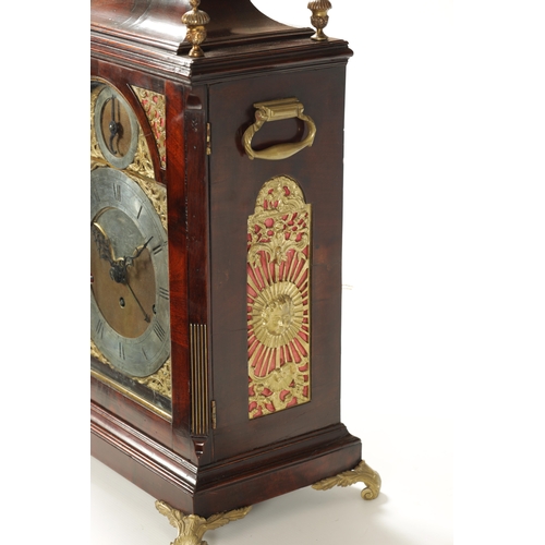 659 - JOHN TAYLOR, LONDON. A GEORGE III FIGURED MAHOGANY QUARTER CHIMING BRACKET CLOCK with bell top pedim... 