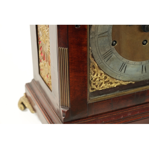 659 - JOHN TAYLOR, LONDON. A GEORGE III FIGURED MAHOGANY QUARTER CHIMING BRACKET CLOCK with bell top pedim... 