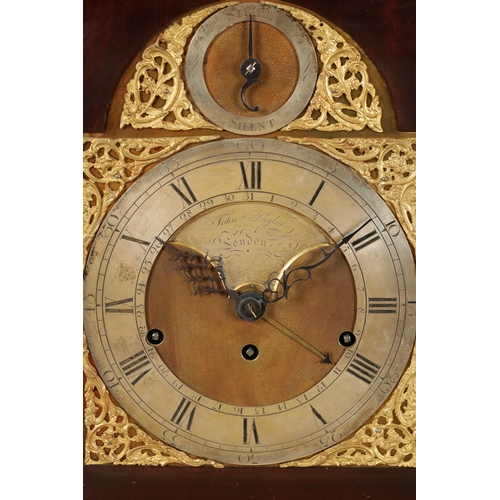 659 - JOHN TAYLOR, LONDON. A GEORGE III FIGURED MAHOGANY QUARTER CHIMING BRACKET CLOCK with bell top pedim... 