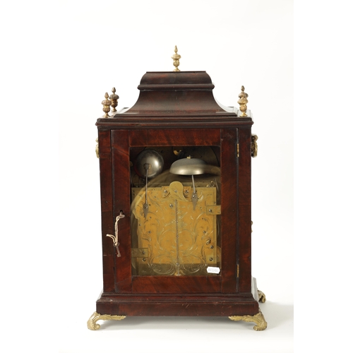 659 - JOHN TAYLOR, LONDON. A GEORGE III FIGURED MAHOGANY QUARTER CHIMING BRACKET CLOCK with bell top pedim... 