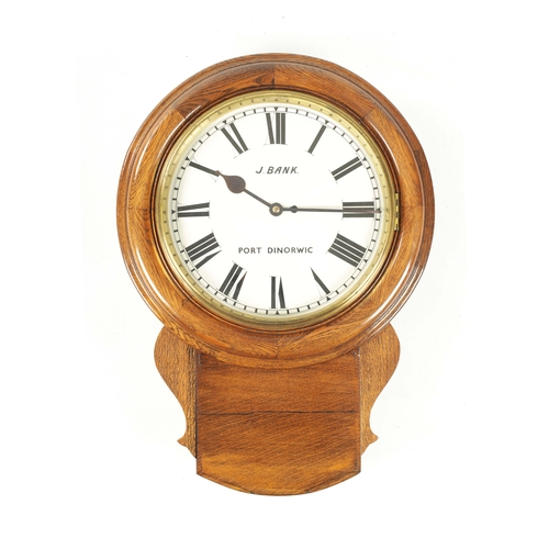 662 - J. BANK, PORT DINORWIC. A LATE 19TH CENTURY 14” DIAL FUSEE WALL CLOCK the oak case with shaped ears ... 