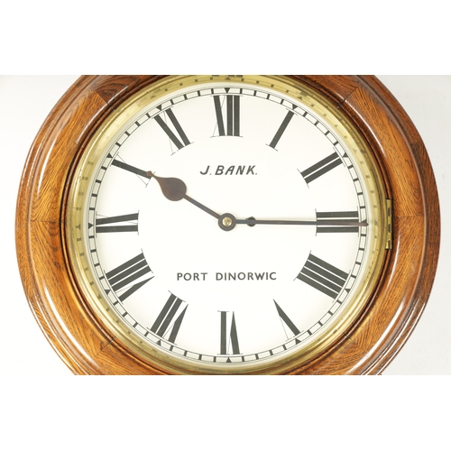 662 - J. BANK, PORT DINORWIC. A LATE 19TH CENTURY 14” DIAL FUSEE WALL CLOCK the oak case with shaped ears ... 