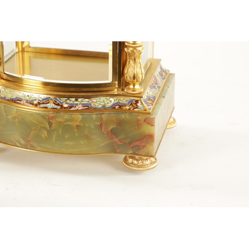 663 - A LATE 19TH CENTURY FRENCH ORMOLU, CHAMPLEVE ENAMEL AND ONYX MANTEL CLOCK surmounted by an urn finia... 