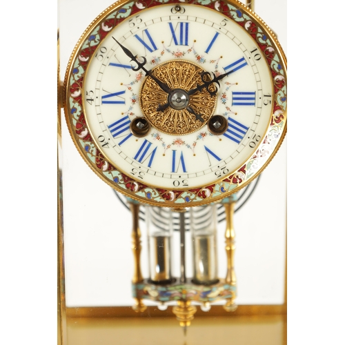 663 - A LATE 19TH CENTURY FRENCH ORMOLU, CHAMPLEVE ENAMEL AND ONYX MANTEL CLOCK surmounted by an urn finia... 