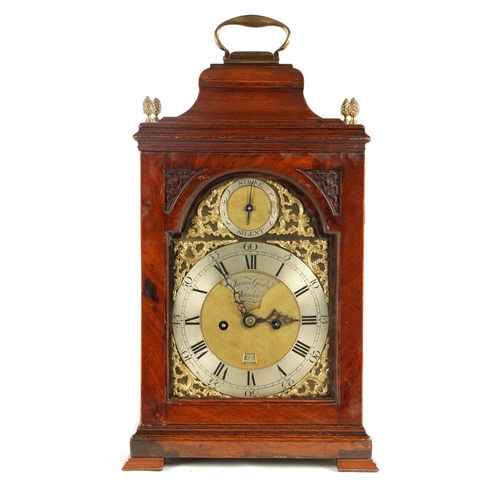 664 - JAMES GREEN, LONDON. A GEORGE III MAHOGANY DOUBLE FUSEE BRACKET CLOCK the bell top pediment above a ... 