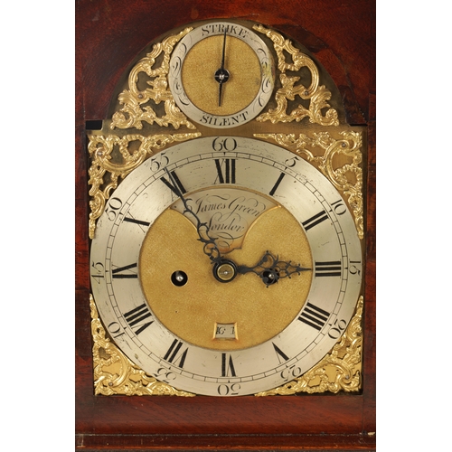 664 - JAMES GREEN, LONDON. A GEORGE III MAHOGANY DOUBLE FUSEE BRACKET CLOCK the bell top pediment above a ... 