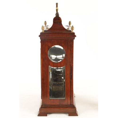 664 - JAMES GREEN, LONDON. A GEORGE III MAHOGANY DOUBLE FUSEE BRACKET CLOCK the bell top pediment above a ... 