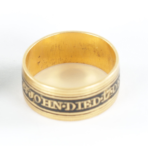 211A - A GEORGE III GOLD AND ENAMEL MOURNING RING inscribed Lord St John, Aged 47, 17 Dec 1805.