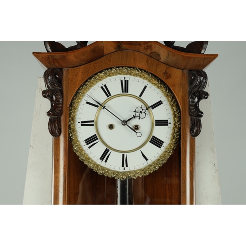 644 - A 19TH CENTURY BIEDERMEIER VIENNA EIGHT DAY WALL CLOCK the two-piece enamel dial with Roman numerals... 