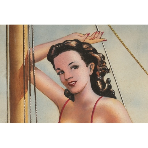 15 - A RETRO 1940S PINUP GIRL POSTER WATERCOLOUR BY B. WITTERNS of a young lady stood on a sailing boat -... 