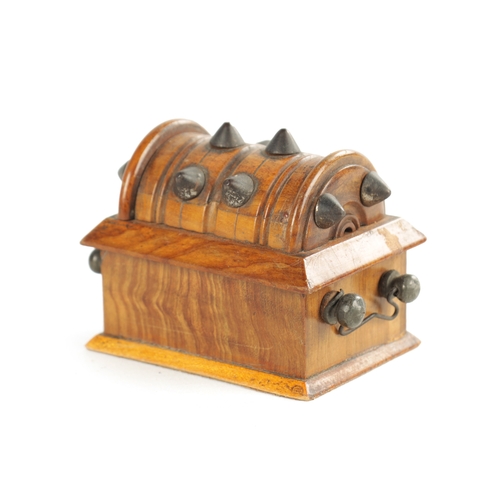 277 - A 19TH CENTURY MATCH HOLDER FORMED ASD A STUDDED CASKET having side handles and studd decoration (8c... 