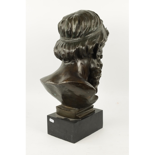 31 - A LATE 19TH / EARLY 20TH CENTURY BRONZE BUST OF SOCRATES mounted on a slate plinth base. (52cm high ... 