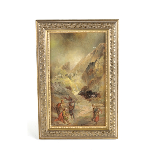 32 - A 20TH CENTURY ITALIAN SCHOOL OIL ON CANVAS of a mountainous landscape with figures, signed lower le... 