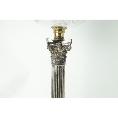 36 - A 19TH CENTURY SILVER PLATED CORINTHIUM COLUMN OIL LAMP with cut glass font. (70cm high)