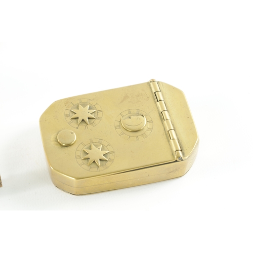 9 - A REGENCY BRASS SNUFF BOX AND OTHER ITEMS comprising of a late 19th century hinged box modelled as a... 