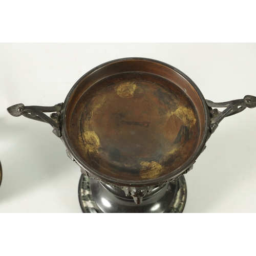 90 - A 19TH CENTURY BRONZE LIDDED TAZZA with figural finial and stylised floral decoration, raised on a g... 