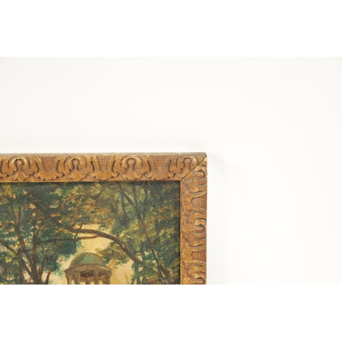 101 - A EDWARDIAN OIL ON PANEL DEPICTING LADIES AND GENTLEMAN IN A GARDEN SETTING - gilt carved frmae (50c... 