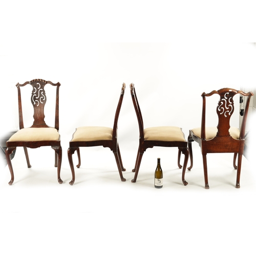 105 - A RARE SET OF FOUR MID 18TH CENTURY OAK AND WALNUT VENEERED IRISH DINING CHAIRS WITH UNUSUAL ROCOCO ... 