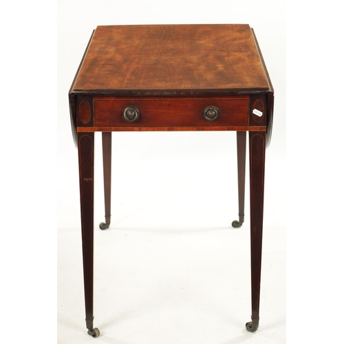 106 - A GEORGE III MAHOGANY PEMBROKE TABLE OF SUPERB COLOUR AND PATINA with drop down side, frieze drawer ... 