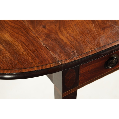 106 - A GEORGE III MAHOGANY PEMBROKE TABLE OF SUPERB COLOUR AND PATINA with drop down side, frieze drawer ... 