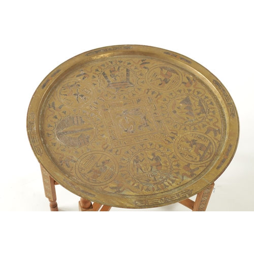 108 - A 19TH CENTURY EASTERN HARDWOOD AND MIXED METAL TRAY TOPPED OCCASIONAL TABLE with egyptianesque top ... 