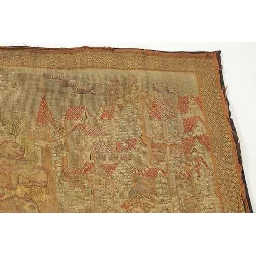 11 - AN 18TH CENTURY WALL HANGING TAPESTRY depicting medieval scene of knights on horseback slaying a dra... 