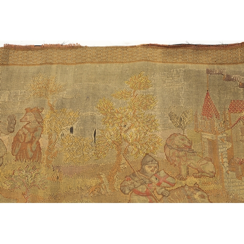 11 - AN 18TH CENTURY WALL HANGING TAPESTRY depicting medieval scene of knights on horseback slaying a dra... 