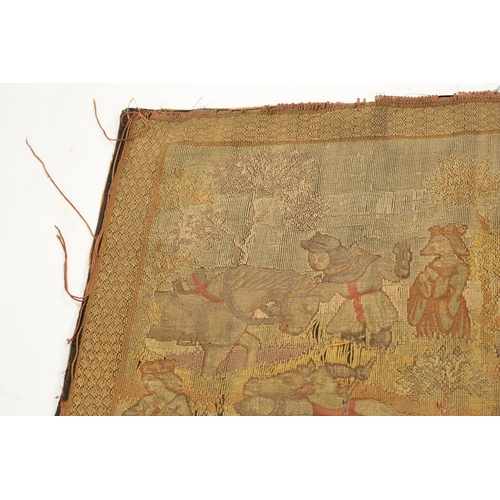 11 - AN 18TH CENTURY WALL HANGING TAPESTRY depicting medieval scene of knights on horseback slaying a dra... 