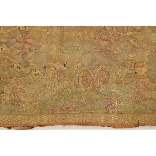 11 - AN 18TH CENTURY WALL HANGING TAPESTRY depicting medieval scene of knights on horseback slaying a dra... 