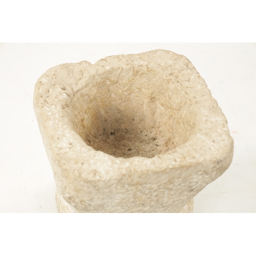 111 - AN EARLY MEDIEVAL STYLE CARVED MARBLE SQUARE SHAPED MORTAR (21cm square 18cm high)