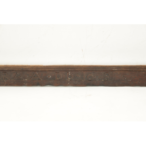 112 - A 17TH CENTURY CARVED OAK FRIEZE dated 1678 and initialed R.A. A. D.D. (128cm wide )