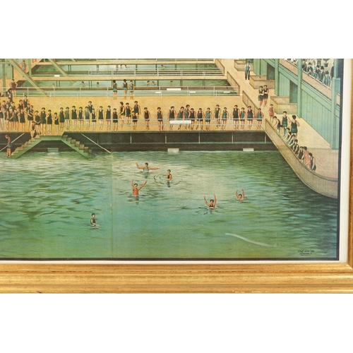 115 - AFTER MARILYN JANECK BLAISDEIL (1928-2016) A LARGE FRAMED COLOURED PRINT OF A SAN FRANCISCO SWIMMING... 