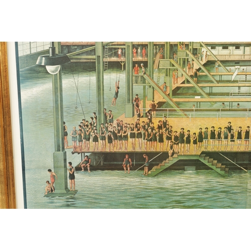 115 - AFTER MARILYN JANECK BLAISDEIL (1928-2016) A LARGE FRAMED COLOURED PRINT OF A SAN FRANCISCO SWIMMING... 