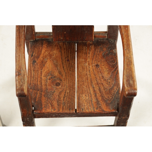 116 - AN UNUSUAL 18TH CENTURY WELSH SCUMBLED PINE CHILD’S CHAIR with wavey edge back (31cm wide 61cm high)