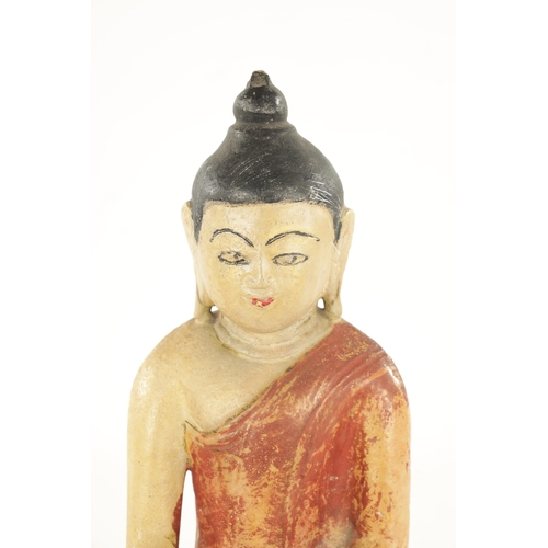 118 - A 19TH CENTURY CARVED ALABASTER PAINTED BURMESE BUDDHA decorated in polychrome colours (40cm high)