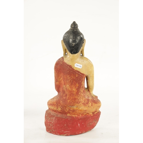 118 - A 19TH CENTURY CARVED ALABASTER PAINTED BURMESE BUDDHA decorated in polychrome colours (40cm high)