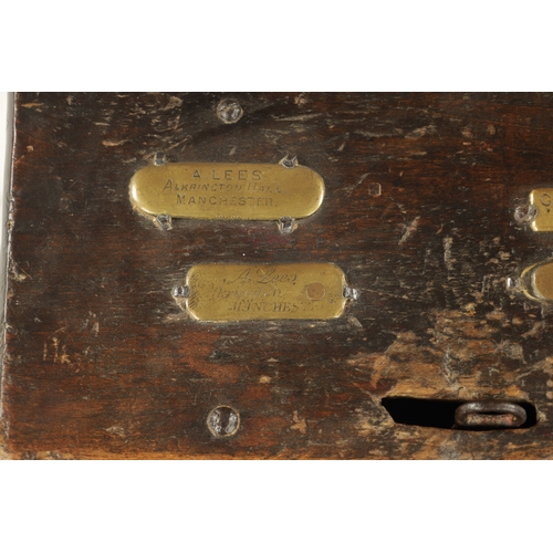 122 - A 19TH CENTURY PAINTED PINE RENT COLLECTOR'S BOX with brass plaques for 'A Lees Manchester' (33.5cm ... 