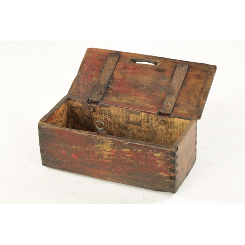 122 - A 19TH CENTURY PAINTED PINE RENT COLLECTOR'S BOX with brass plaques for 'A Lees Manchester' (33.5cm ... 