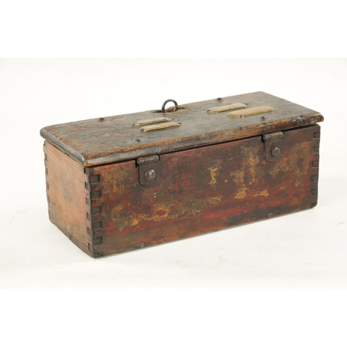 122 - A 19TH CENTURY PAINTED PINE RENT COLLECTOR'S BOX with brass plaques for 'A Lees Manchester' (33.5cm ... 