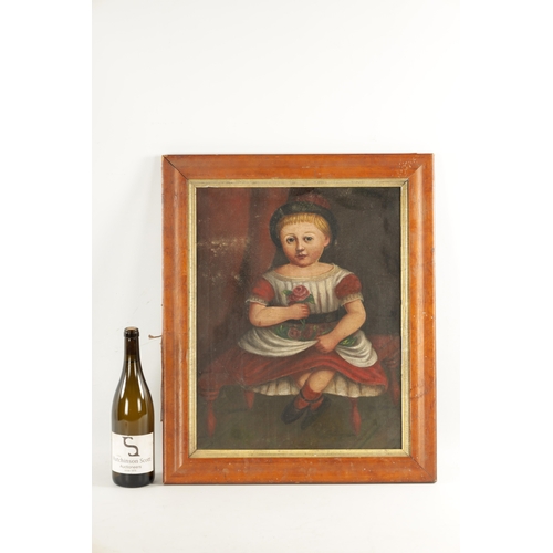 127 - A 19TH CENTURY NAIVE OIL PAINTING ON CANVAS of a young child - mounted in a maple frame. (49cm high ... 