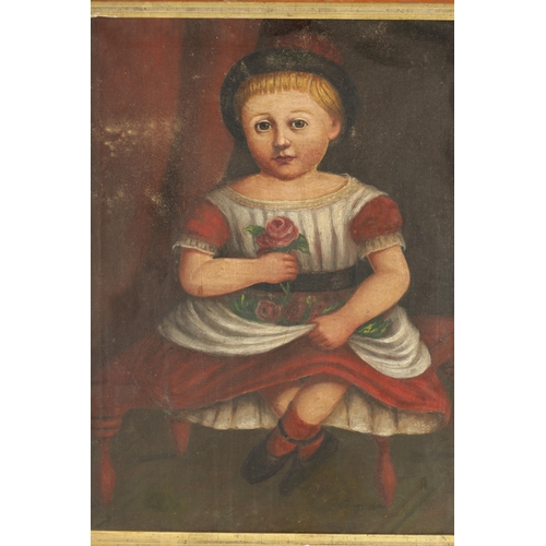 127 - A 19TH CENTURY NAIVE OIL PAINTING ON CANVAS of a young child - mounted in a maple frame. (49cm high ... 