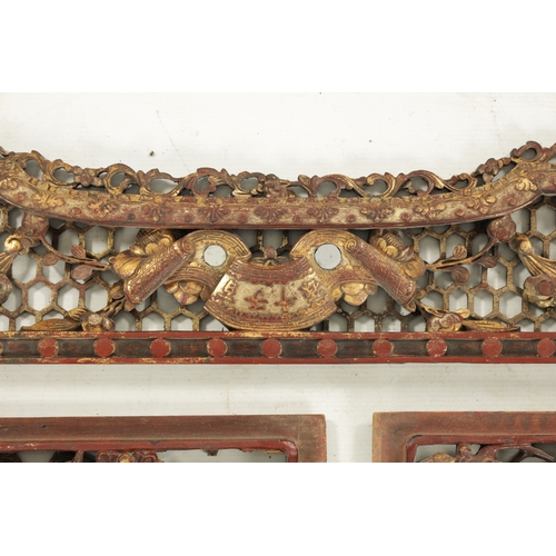 13 - A SELECTION OF FIVE CARVED CHINESE PANELS depicting birds in branchwork (137cm and 39cm wide)