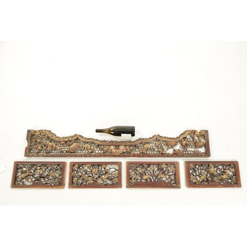 13 - A SELECTION OF FIVE CARVED CHINESE PANELS depicting birds in branchwork (137cm and 39cm wide)